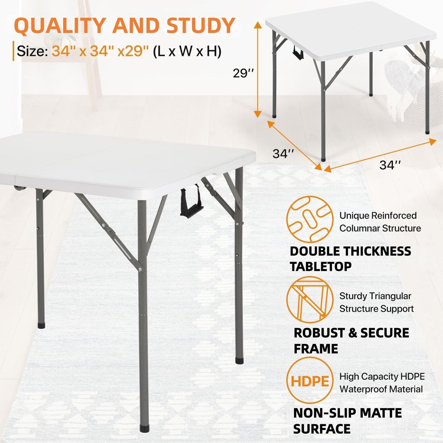 Vampire Killer 34" Square Folding Table Fold-in-Half Utility Dining Portable Table Heavy Duty HDPE with Carrying Handle, Plastic Tables for Camping,Picnic, Office, Party,Card Table (White)