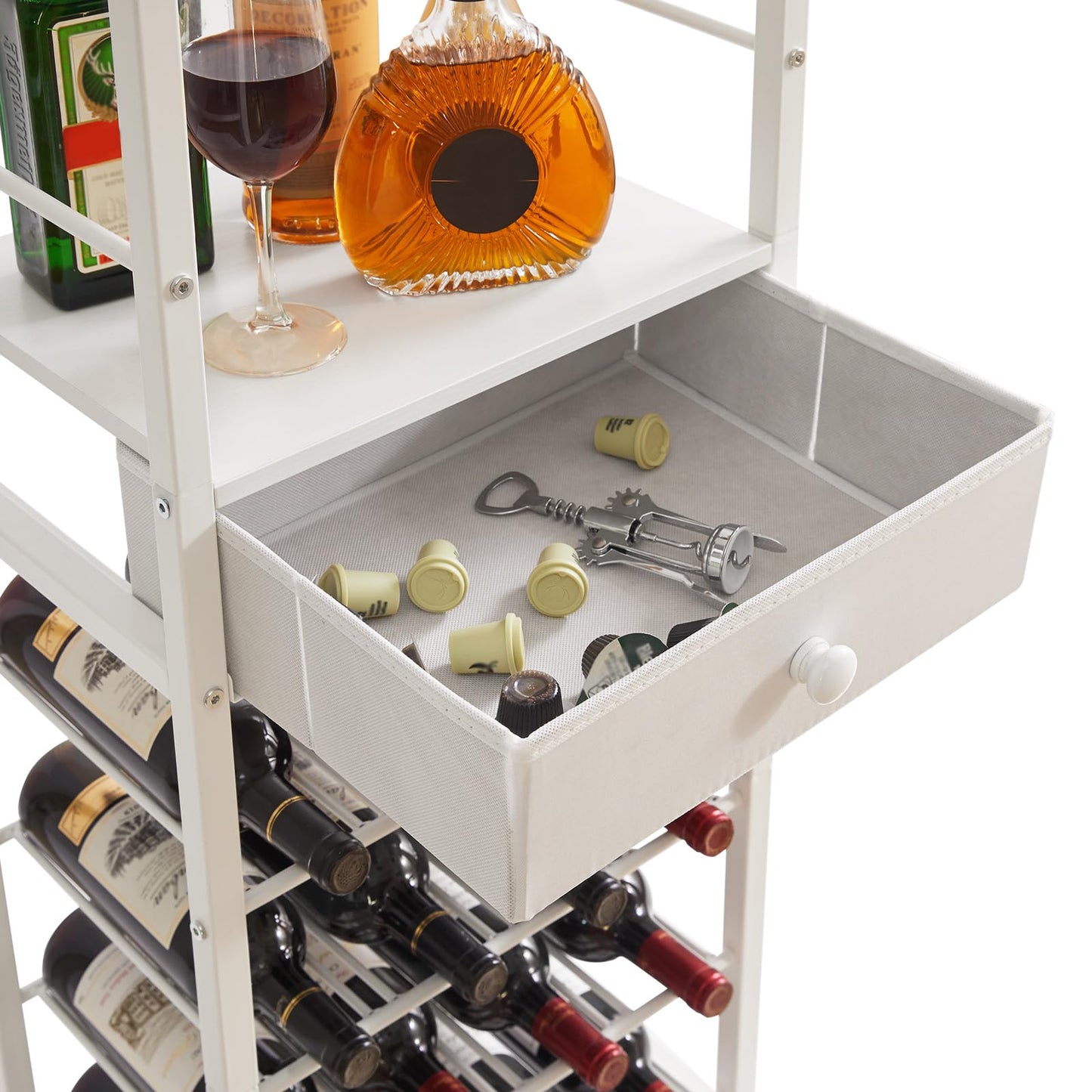IBUYKE Wine Rack Freestanding Floor, Bar Cabinet for Liquor and Glasses,Coffee Bar Cabinet 4-Tier Wood bar Cabinet,Glass Holder and Storage Drawer for Home Bar Kitchen Living Room,White UTMJ905W