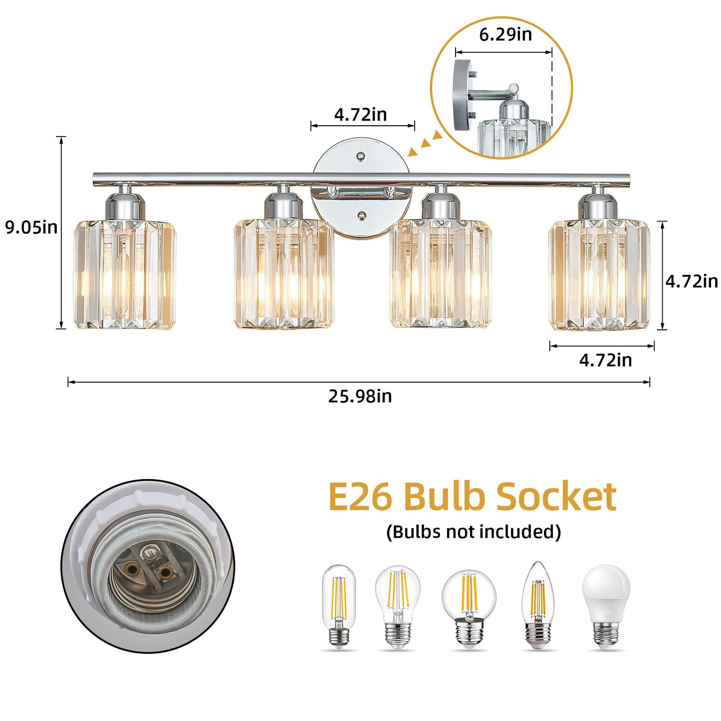 FDPBY Modern 4 Light Crystal Vanity Light, Chrome Vertical Bathroom Light Fixture Over Mirror for Dressing Table Sink, Compatible with Dimmable Bulbs (Bulbs Not Included)