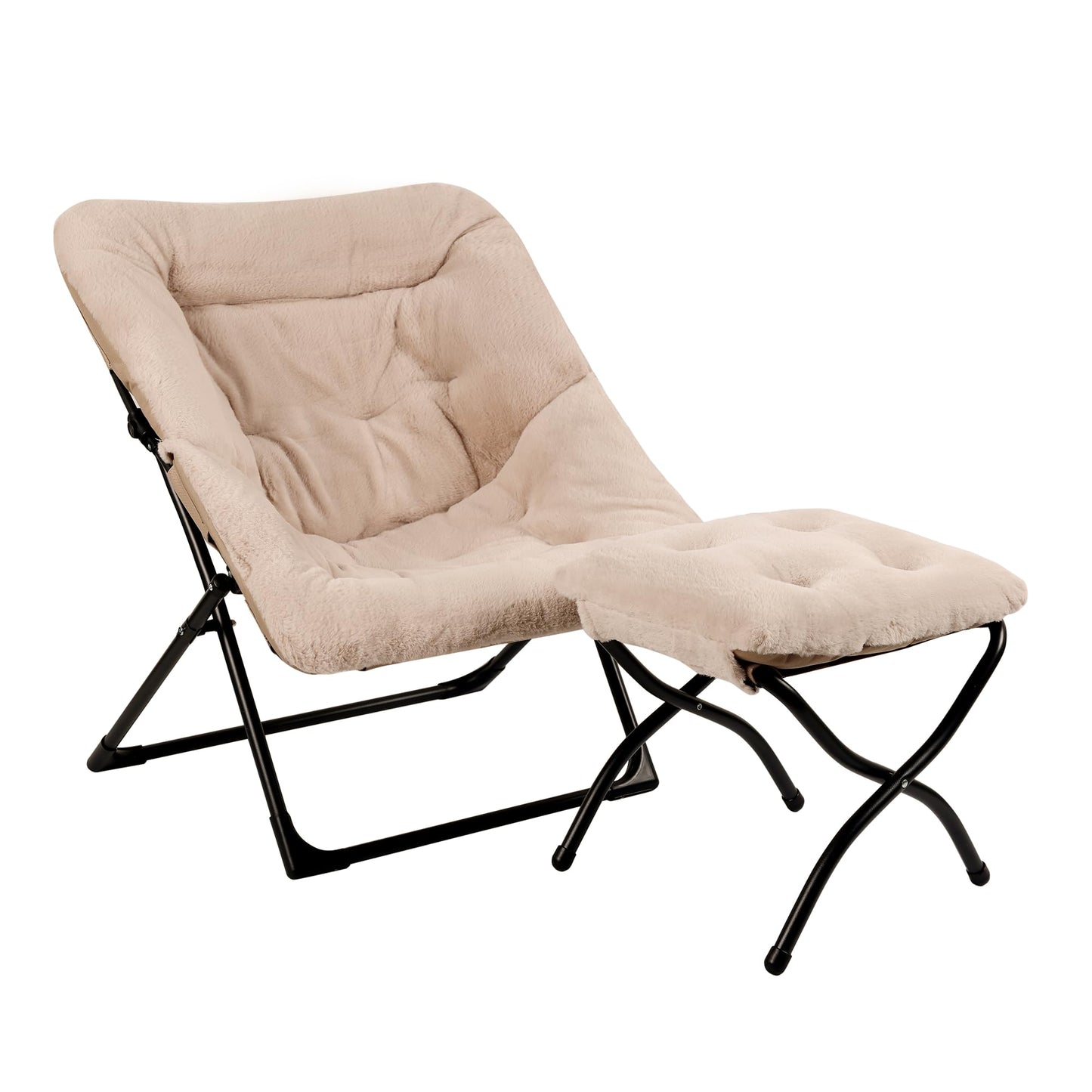 Mordchil HF Comfy Saucer Chair for Adults, Soft Faux Fur Bedroom Chair with Ottoman, Accent Dorm Chairs, Living Room Reading Chairs and Footstool, Folding Seat for Teens, X-Large, Light Khaki