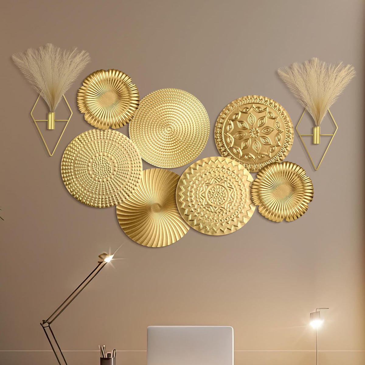 Wesiti 9 Pcs Gold Metal Wall Art Set Hanging Planters with Artificial Pampas Grass Modern Boho Wall Decor Set for Living Room Bedroom Bathroom Office
