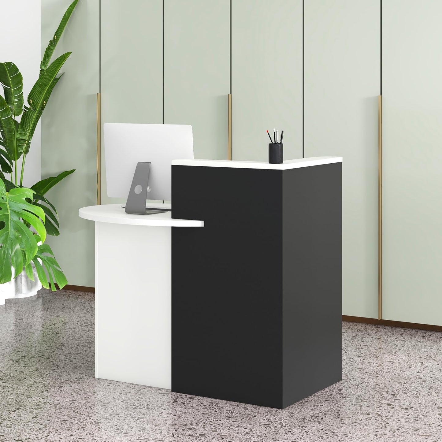 Tangkula Reception Desk, Front Counter Desk with Lockable Drawer & Adjustable Shelf, Oval Desktop, Retail Counter for Checkout, Computer Workstation for Salon Lobby Office, Home Office Desk