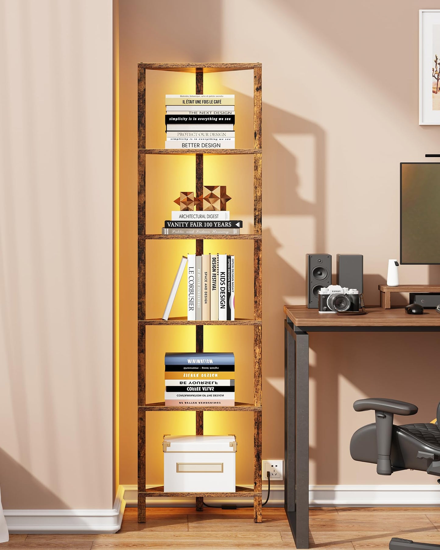 TUTOTAK Corner Shelf with LED Light, 6-Tier Corner Bookshelf for Small Space, Narrow Display Corner Shelf Stand with Storage Rack, for Living Room, Bedroom, Brown BS05BC006L