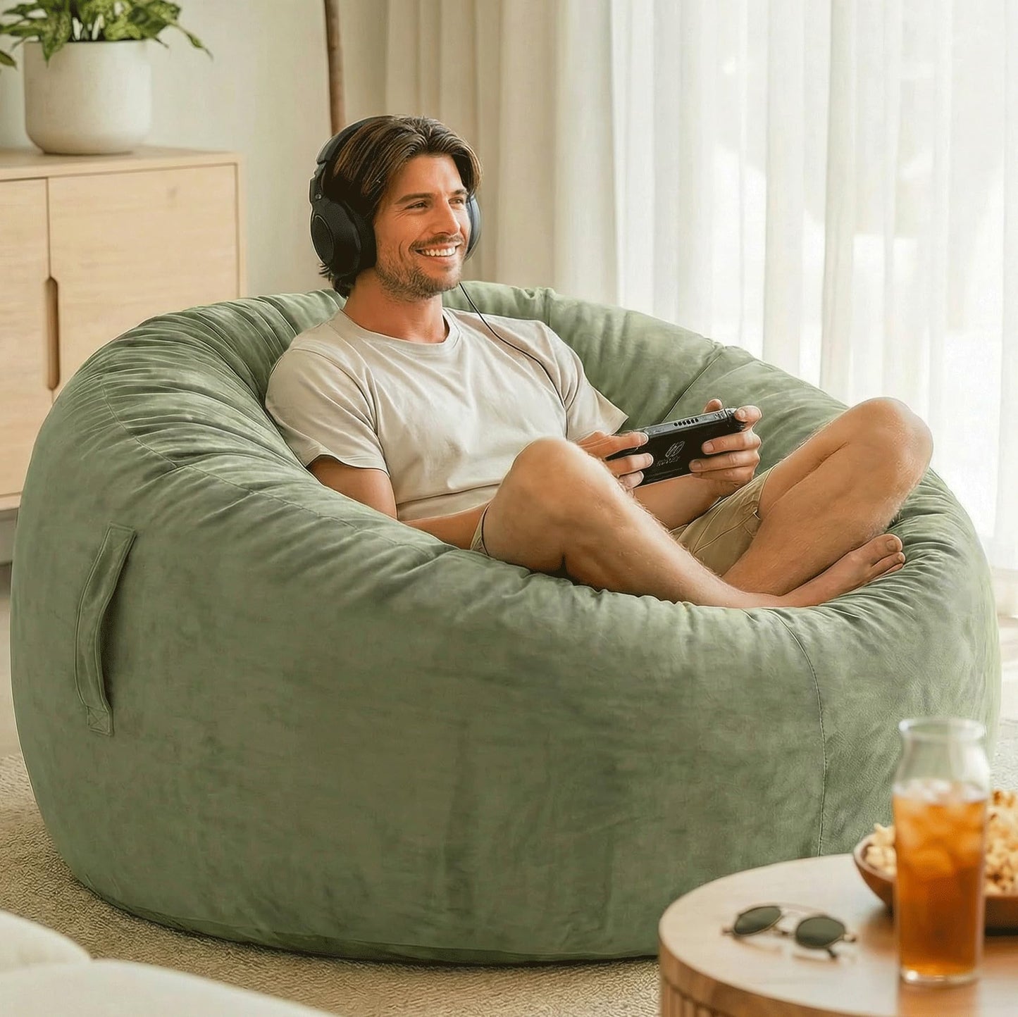 Codi Sage Large Bean Bag Chair for Adults, Comfy 4 FT Beanbag Chairs with Filler Included - Machine Washable & Removable Cover, Premium Shredded Foam
