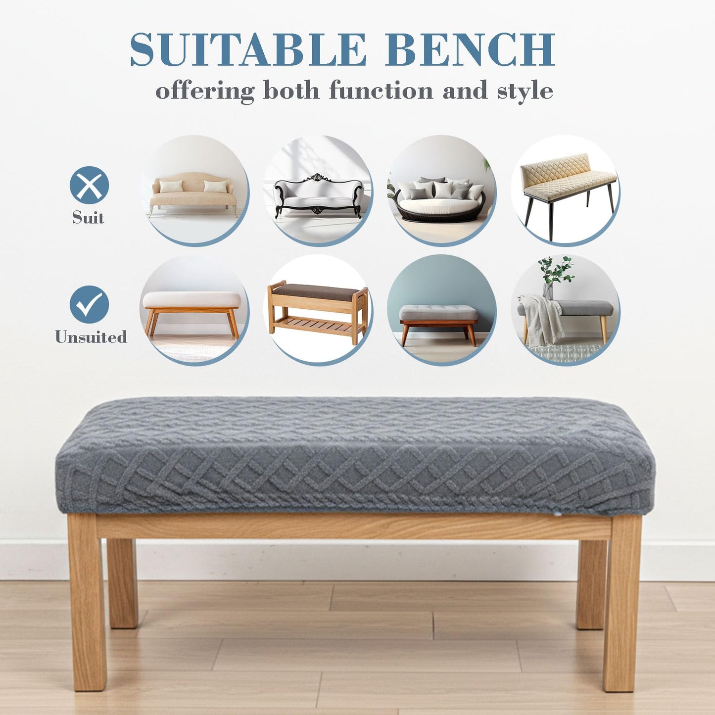 Gilprop Stretch Jacquard Dining Bench Cover, Slipcover Rectangle Soft Seat Protector Cover Dustproof Removable for Dining Room Living Room Bedroom Kitchen Hotel Fits 39.4~55.1 Inch Benches(Gray)