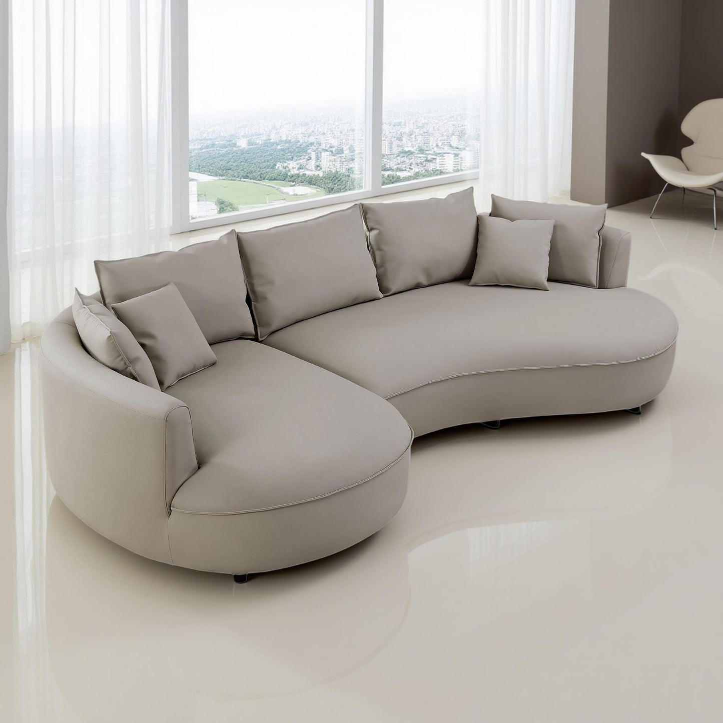 BBTJOINT L Shape Curved Sectional for Living Room, Bonded Leather Upholstered Furniture Sofa, Round Couch with semicircualr Chaise,Light Grey