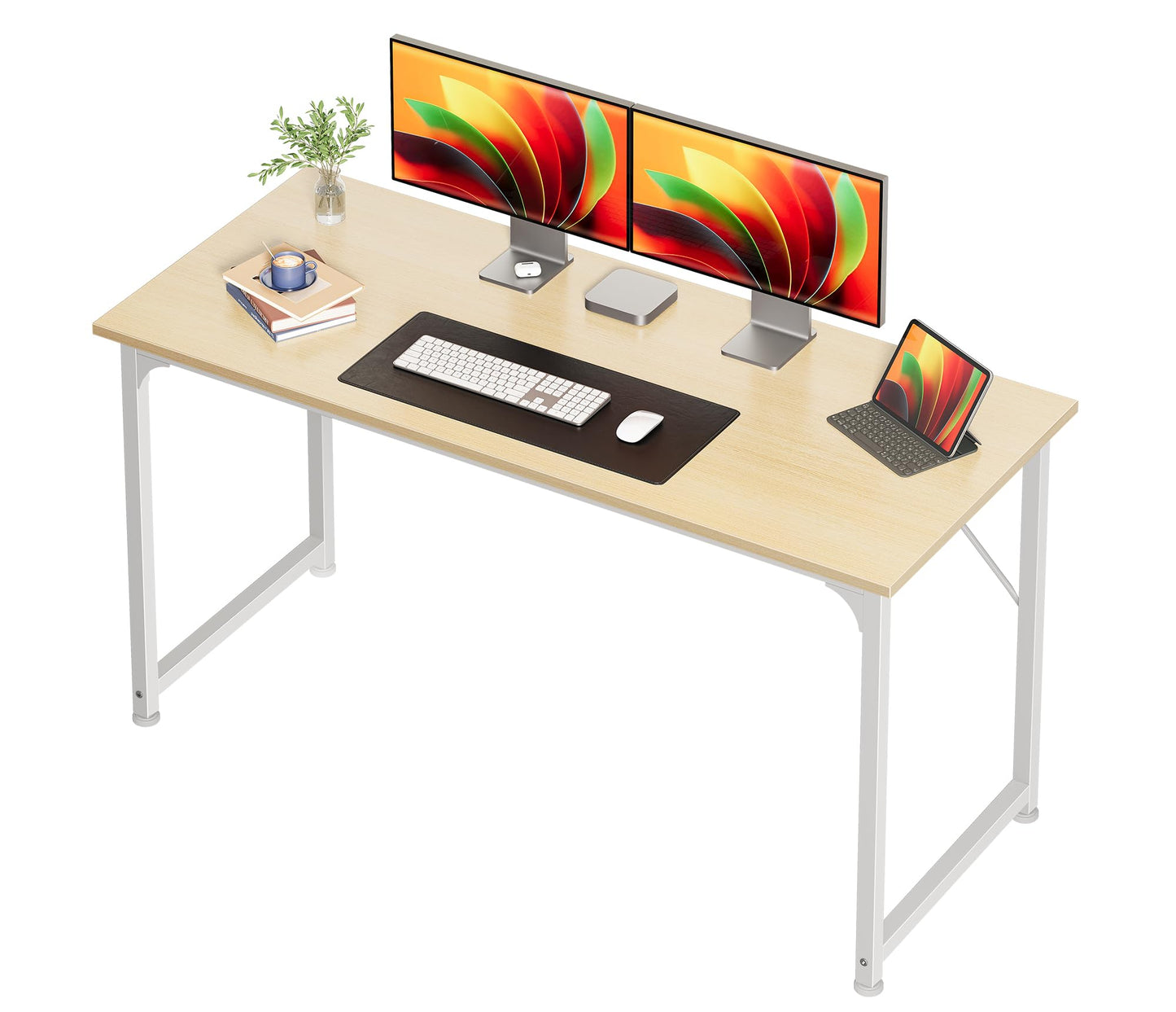 Huuger Computer Desk, 54 Inch Office Desk, Gaming Desk with Storage, Writing Desk Work Desk for Home Office, Study, Modern Simple Desk, Large Legroom, Metal Frame, Maple