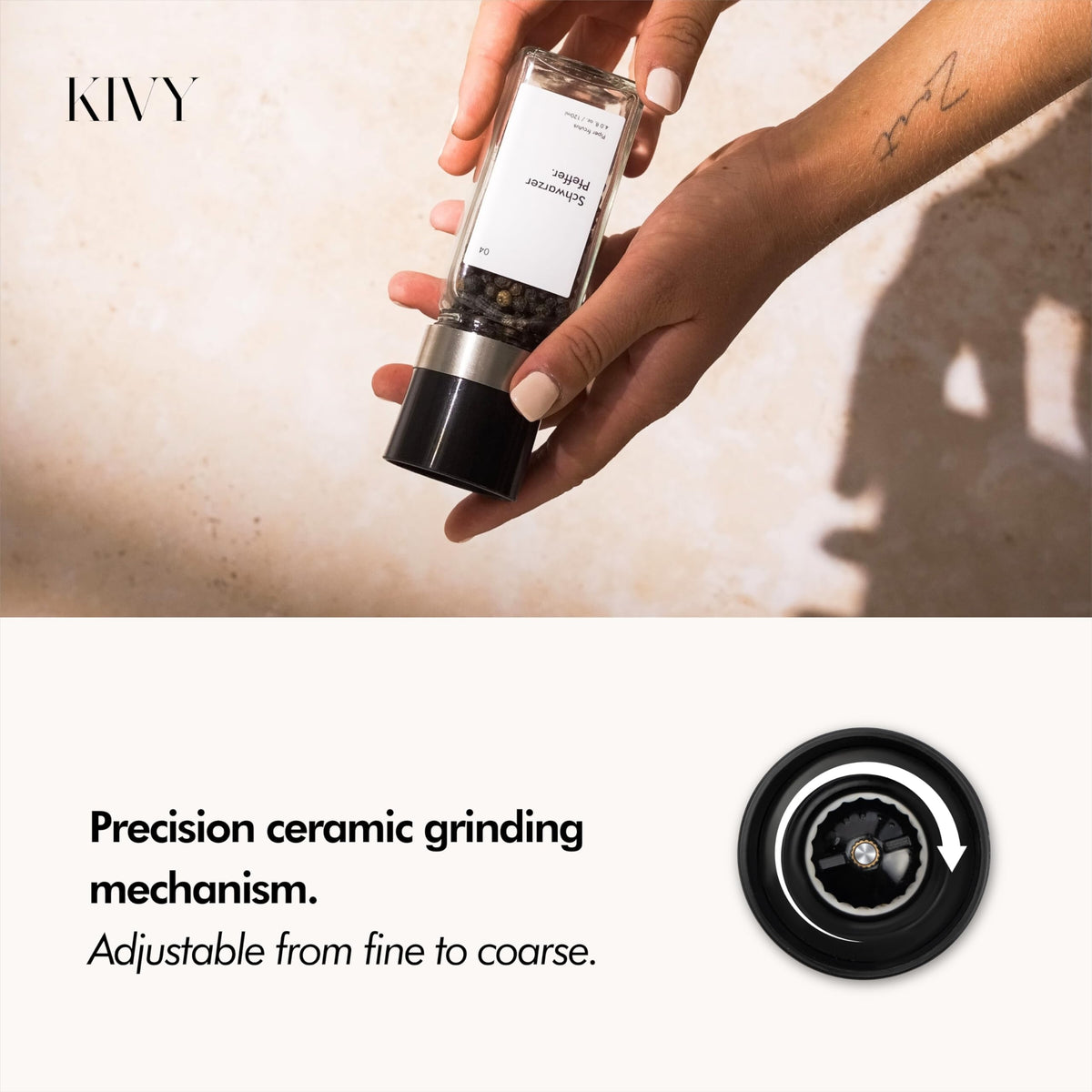 KIVY Salt and Pepper Grinder Set of 2 – Adjustable Ceramic Grinder – Spice Mill – Pepper & Salt Grinder