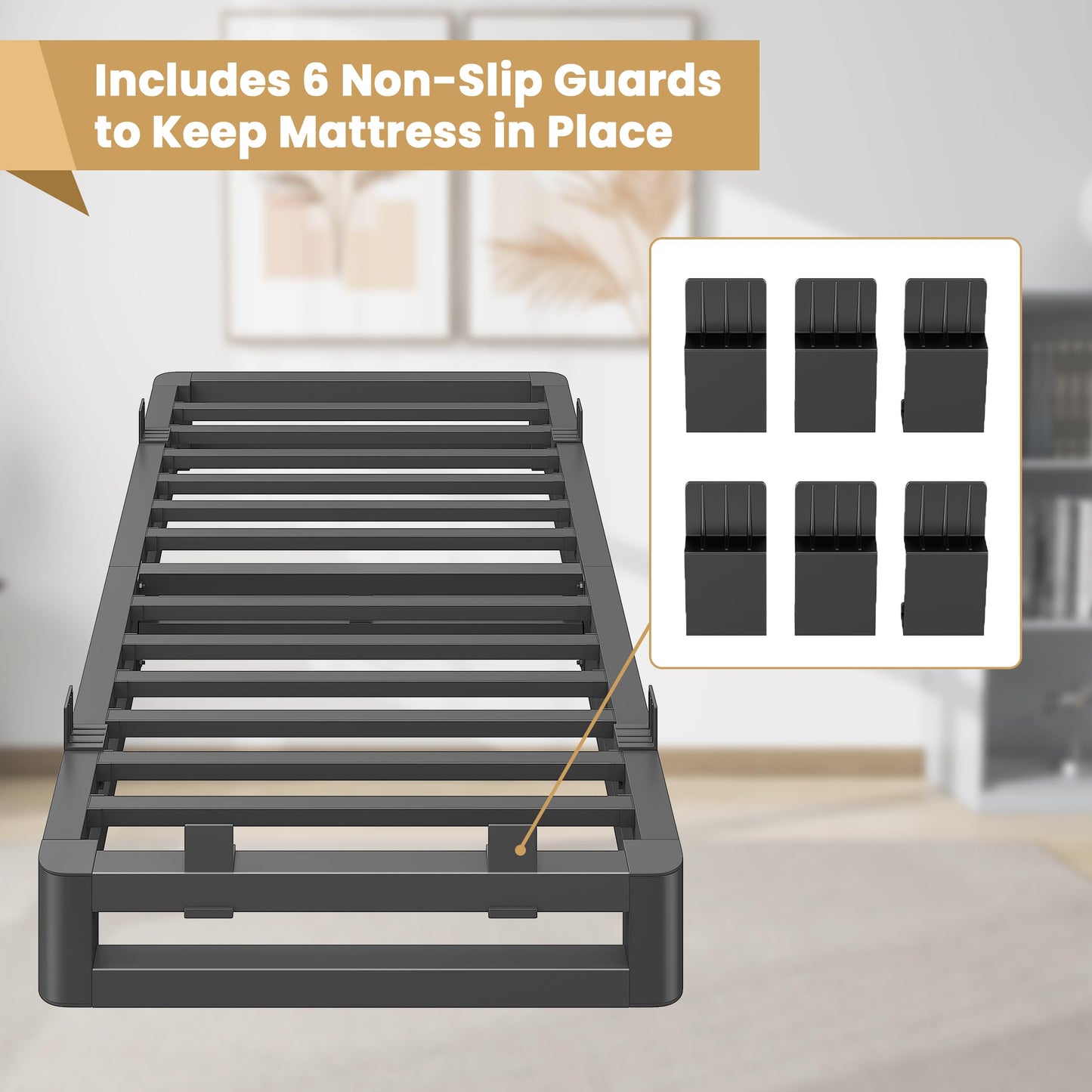 Cresyfu 6 Inch Twin Bed Frames with Rounded Corner and Squeak Free U-Slot Design, Metal Platform Bed Frames 6 Non-Slip Guards, 3500lbs Heavy Duty Steel Slat Support, No Box Spring Needed, Black