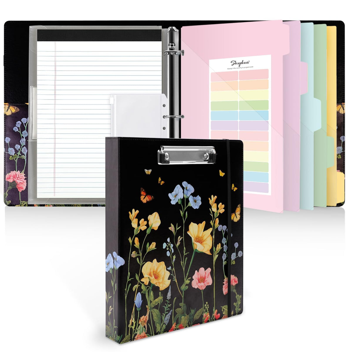 SKYDUE 1 Inch 3-Ring Binder with Clipboard, PU Aesthetic Binder with 5 Dividers, Notepad, Stickers & Pockets for Work and School (Letter Size)