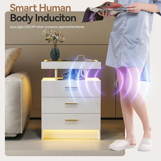 White Night Stand with Wireless Charging Station, Smart Bedside Table with 3