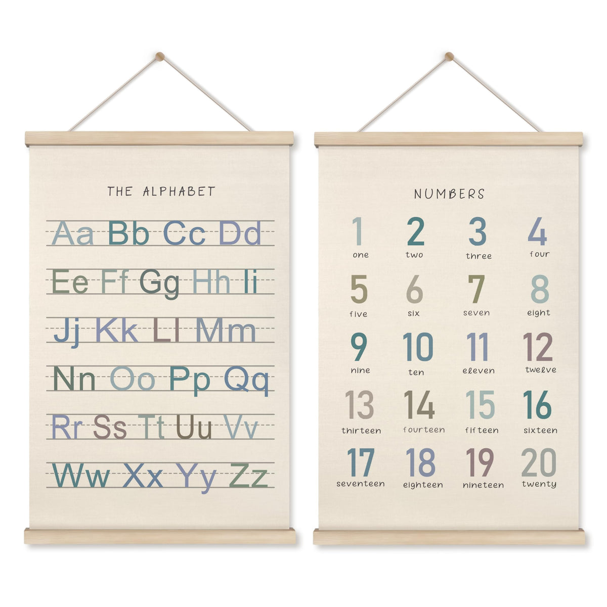 HRQKO Alphabet Numbers Poster Hanger Frame Set of 2, Nursery Wall Decor, Boho ABC Poster Wall Art with Wooden Frames, Alphabet Banner Wall Hanging Decor for Boy Toddler Room Playroom, 16x24 inch