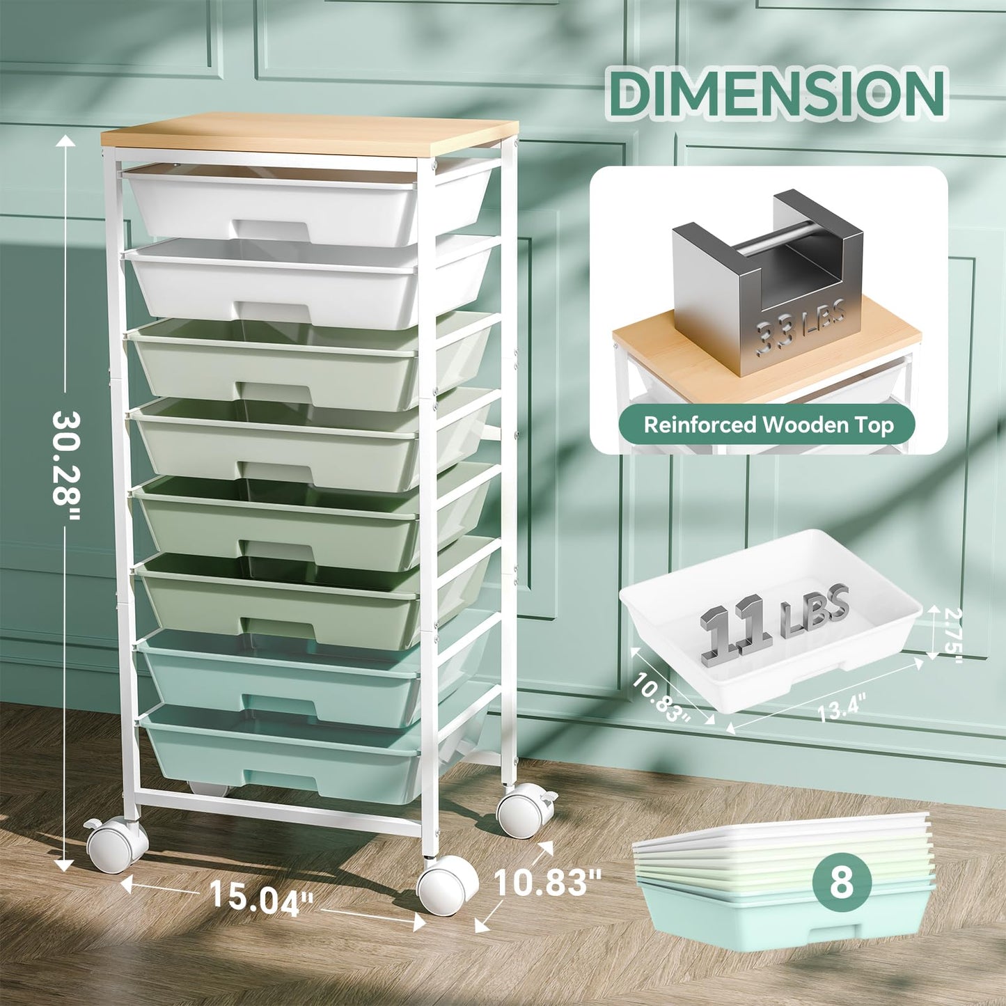 Ekisemio Rolling Cart with 8 Drawers, Storage Drawers Cart with Wooden Tabletop and Lockable Wheels, Utility Cart for Living Room, Office, Classroom, Craft Room, Green