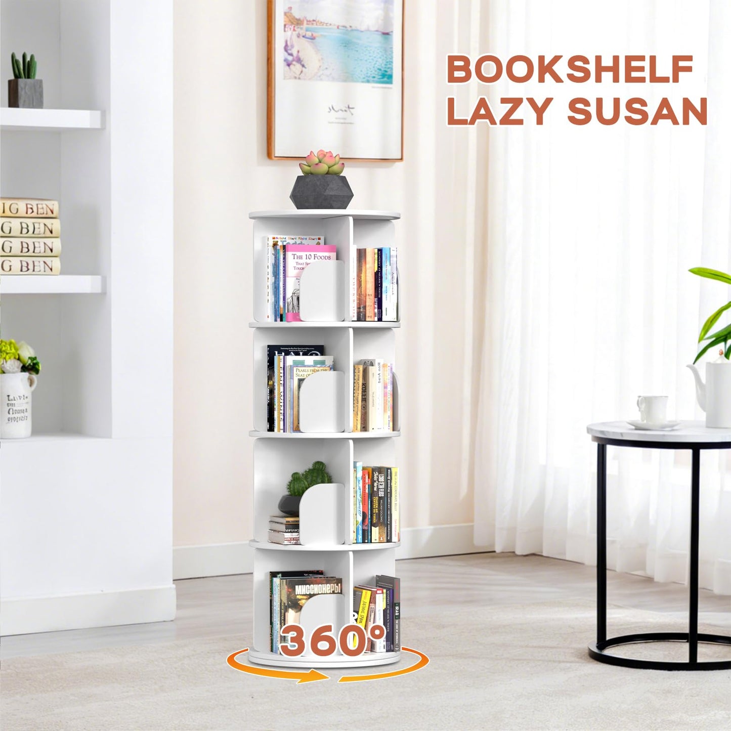 Kryonix Rotating Bookshelf, Spinning Bookshelf Tower 4 Tier, 360° Revolving Bookcase Lazy Susan, Multi-Functiona Corner Round Turning Book Shelf Organizer for Small Spaces(Off-White)