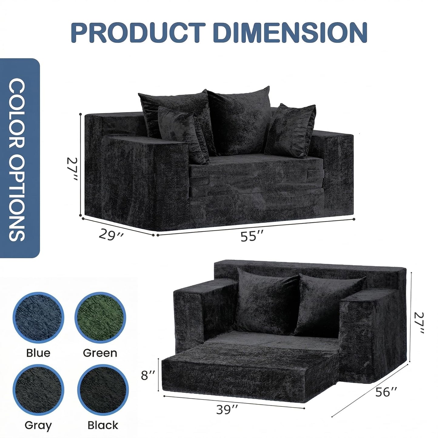Winzoo Boneless Loveseat Sleeper Sofa Bed, 3-in-1 Convertible Sofa Bed and Floor Futon Couch (Velvet-Black, Loveseat (55"))