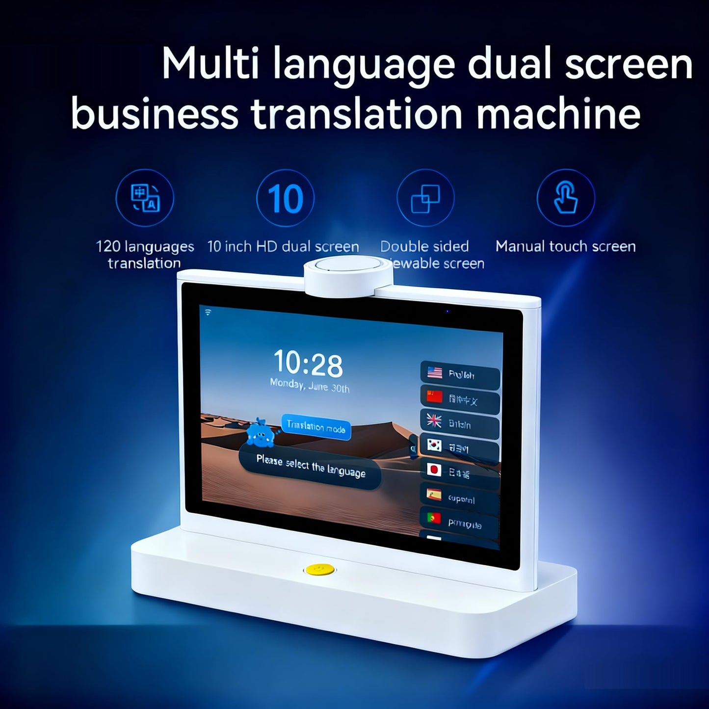 10 Inch Desktop Dual Screen Translator, 120 Languages, Touchscreen Device with Recordings for Hotel Receptions, Business Meetings, Seminars, Shops