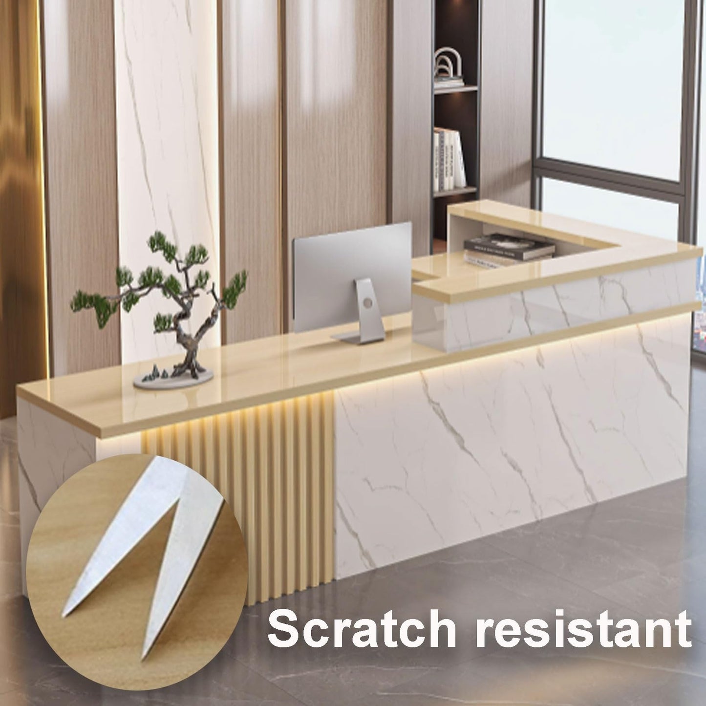 Modern Reception Desk with Storage - Stylish Office Counter Table for Beauty Salons & Lobbies, 120cm White & Black Design with LED Light Strips for Enhanced Ambiance