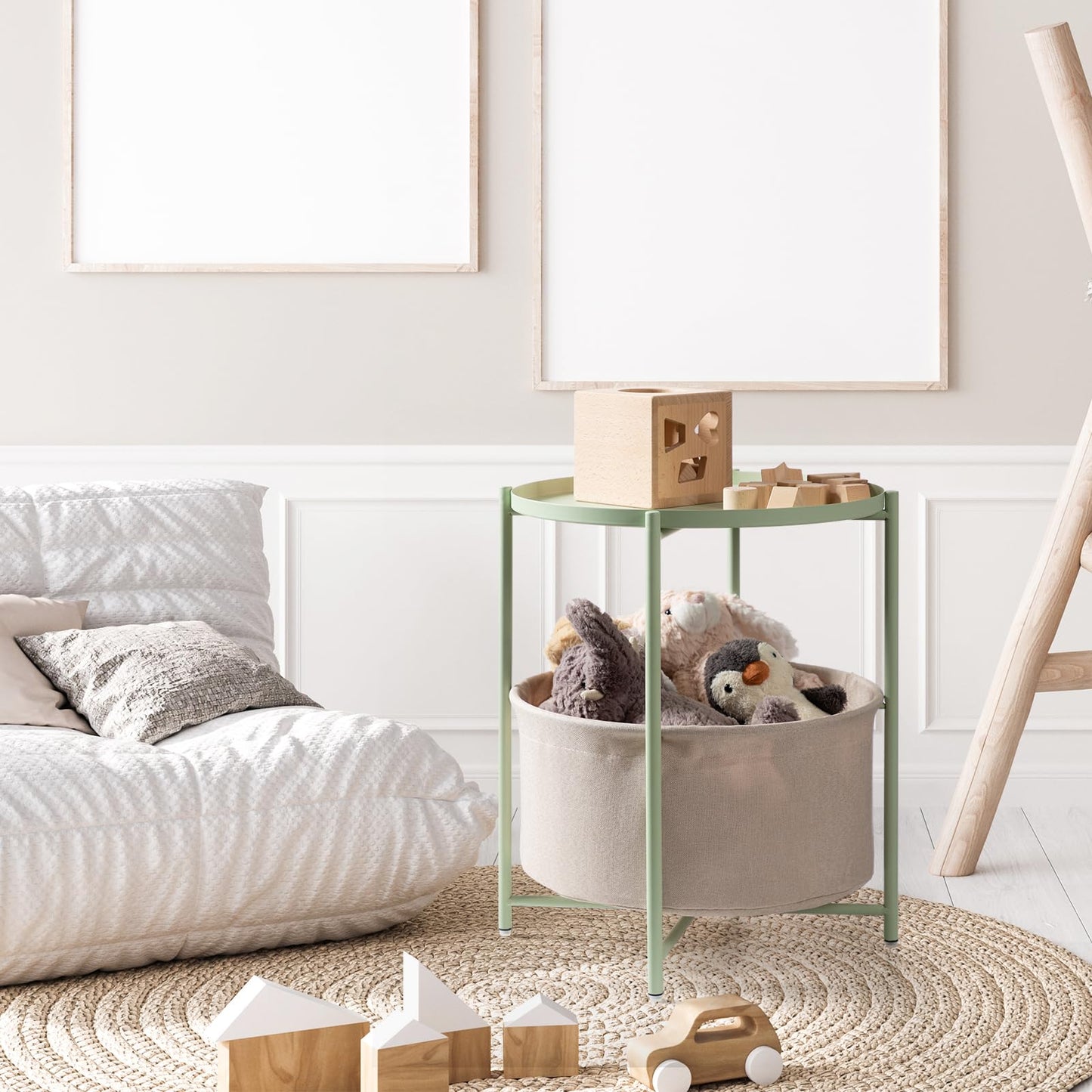 danpinera Round Side Table with Fabric Storage Basket, Metal Side Table Small Bedside Nightstand with Removable Tray Top for Living Room, Bedroom, Nursery, Laundry, Light Green