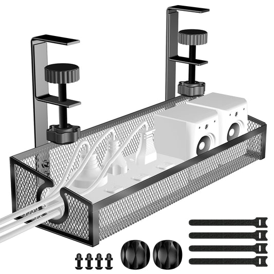 Under Desk Cable Management Tray Black, No Drill Desk Cable Wire Management Organizer with Clamp, PC Cord Organizer Accessories & Workspace for Office, Home