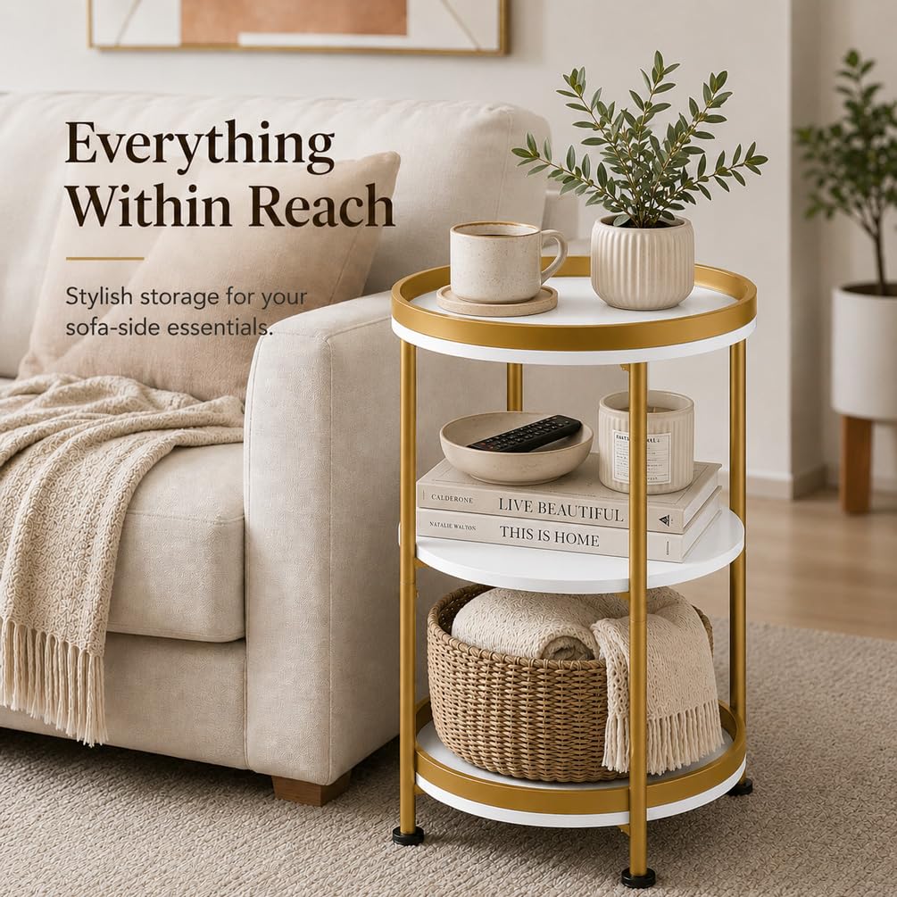 Dulcii Round Side Table with Storage Tray for Living Room, 15" L x 15" W x 24" H Bedroom Nightstand 3 Tiers Bedside Table with Steel Frame for Small Spaces (White & Gold)