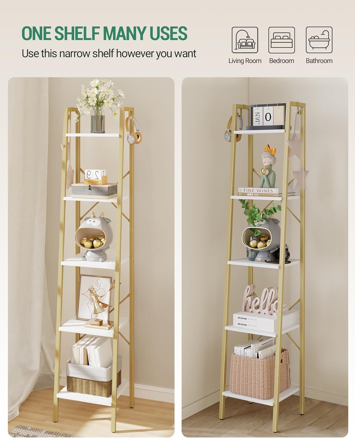 Hzuaneri Ladder Shelf, Bookshelf Bookcase, Freestanding Corner Storage Shelve with 2 Hooks for Home Office, Living Room, Kitchen, Bedroom, Industrial, 11.8" D x 13.4" W x 63" H, White Gold BC03213G