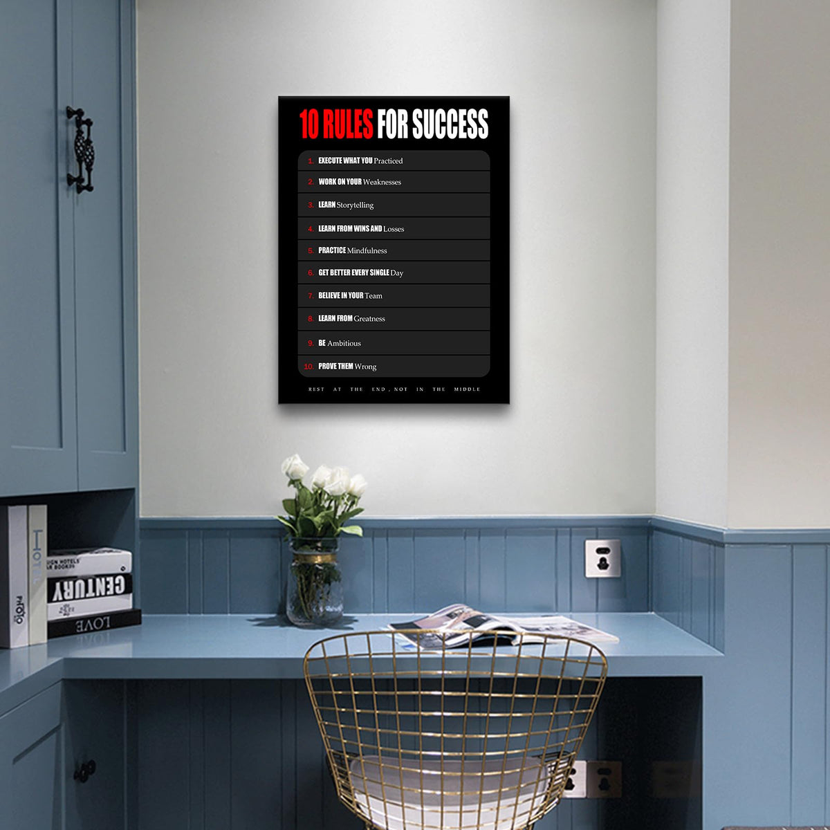YSPCSUN Inspirational Posters for Office, 10 Rules for Success Canvas Poster Single Panel Wall Decor for Home Office Dorm Classroom, Framed Canvas Art, 24x18inch