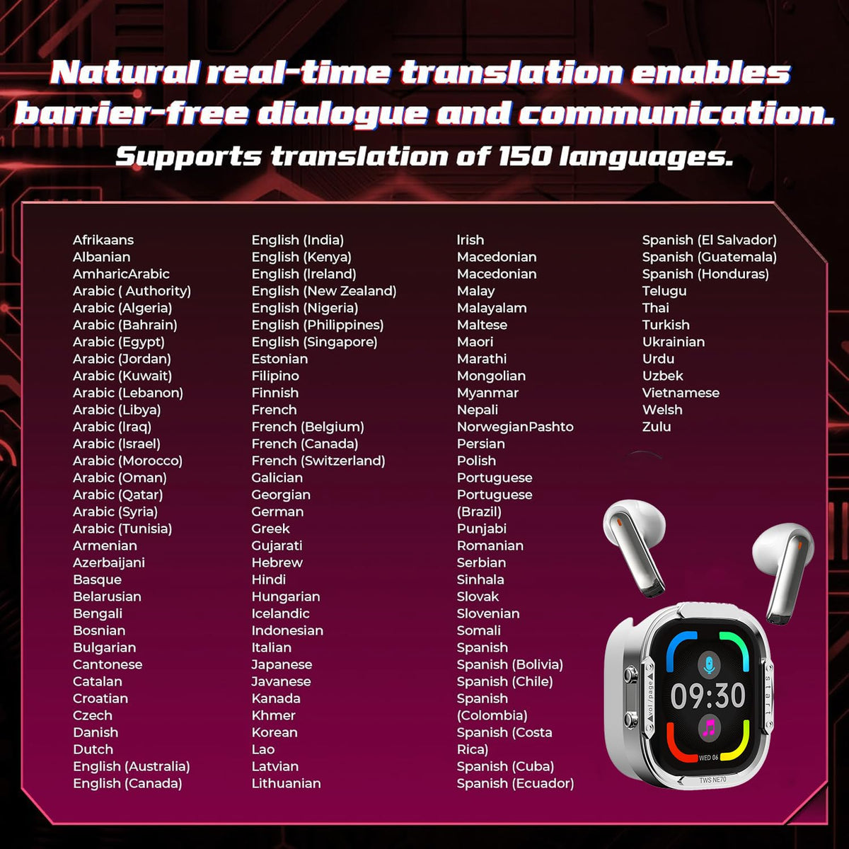 NE70 Earbuds, AI Translation Earbuds Real Time Support 165 Languages, Language Translator Headphones with LCD Touch Screen & Anti-loss, No Subscription, 7 Translation Modes for Travel Business- White