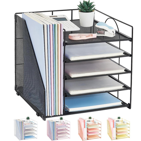 LEKETREE Desk Organizers and Accessories, 5-Tier Paper Letter Tray Organizer with File Holder, Desktop Organizer for Office Supplies (Black)