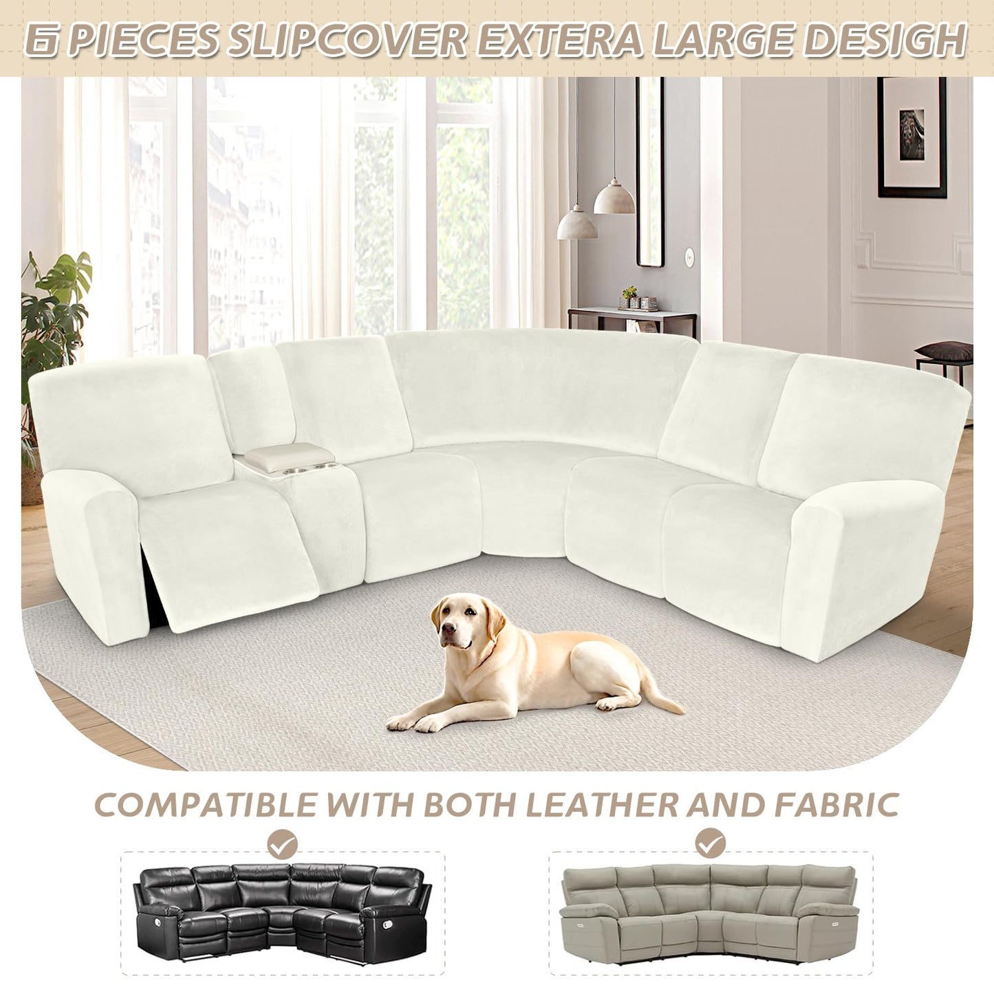 Arfntevss Sectional Recliner Couch Covers Velvet Washable Corner Sectional Sofa Cover for Reclining Stretch Soft Thick L Shape Recliner Slipcover Set (5 Seat with 1 Console Cover, Cream)