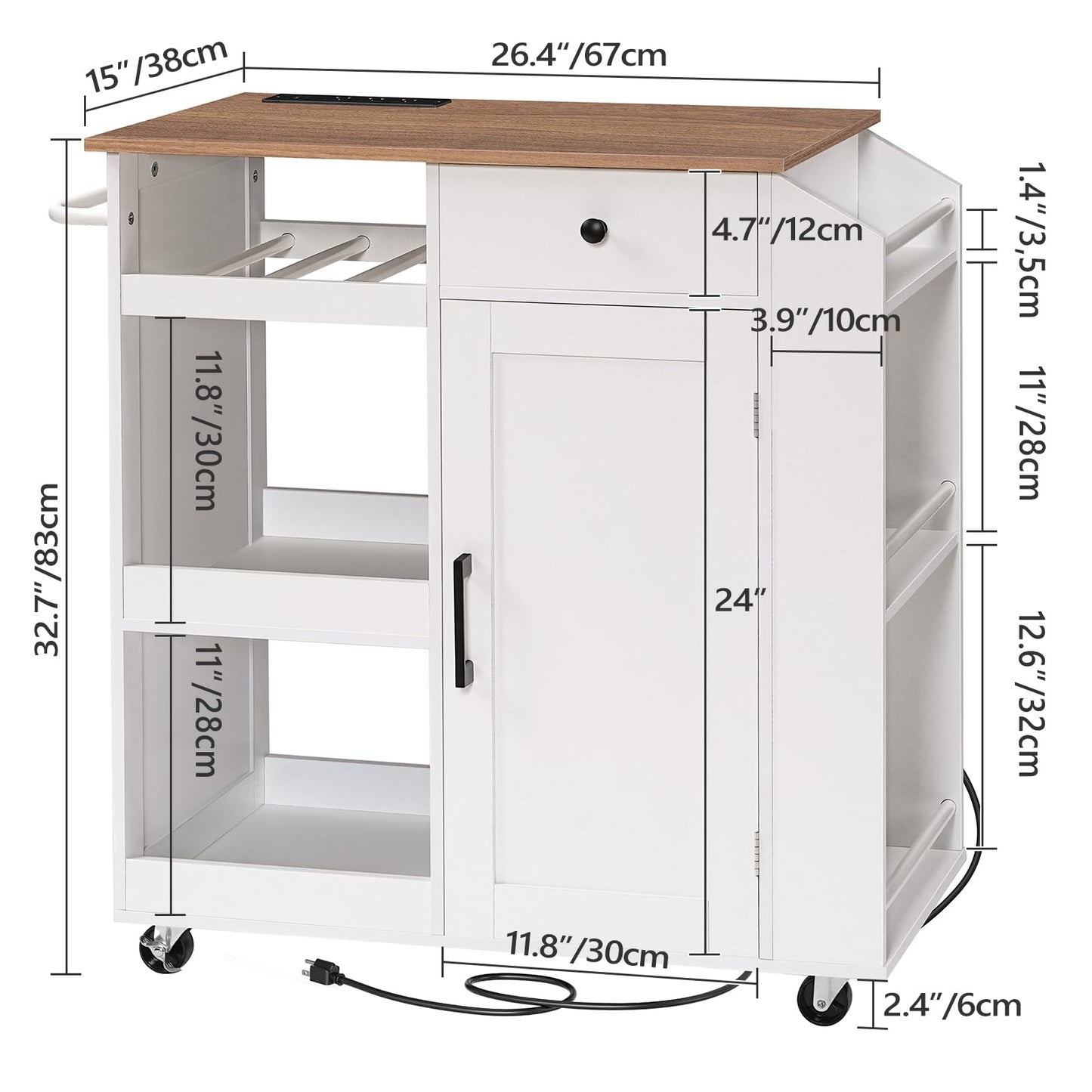 MAHANCRIS Kitchen Island with Power Outlet, Kitchen Storage Island with Drawer, Rolling Kitchen Cart on Wheels, Spice Rack, Towel Rack, Wine Rack, for Dining Room, White and Walnut KIBZ122E01