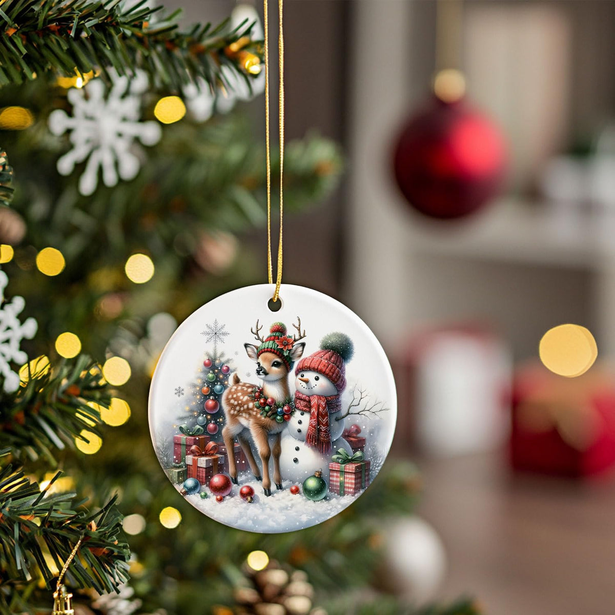 Reindeer and Snowman Christmas Ornaments for Tree - Decorative Hanging Deer Decor