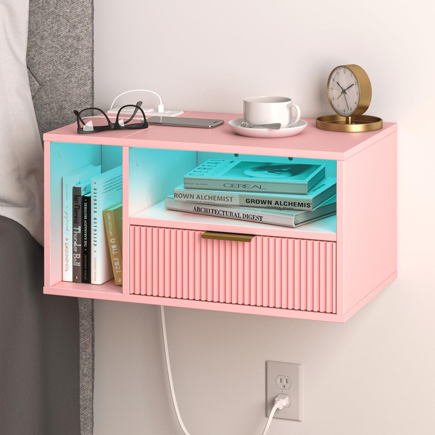 Veegle Pink Floating Nightstand with Charging Station and LED Lights,Pink