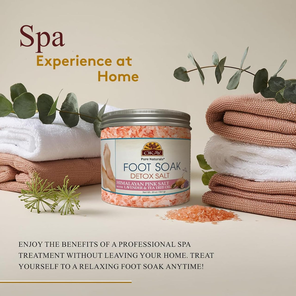 OKAY Foot Soak Detox Salt - Foot Soaking Salts for Dry Cracked Feet with Tea Tree Oil and Lavender Oil, Foot Bath, Pedicure Soak, Great for Men and Women, Athletes - 20 oz (Pack of 1)