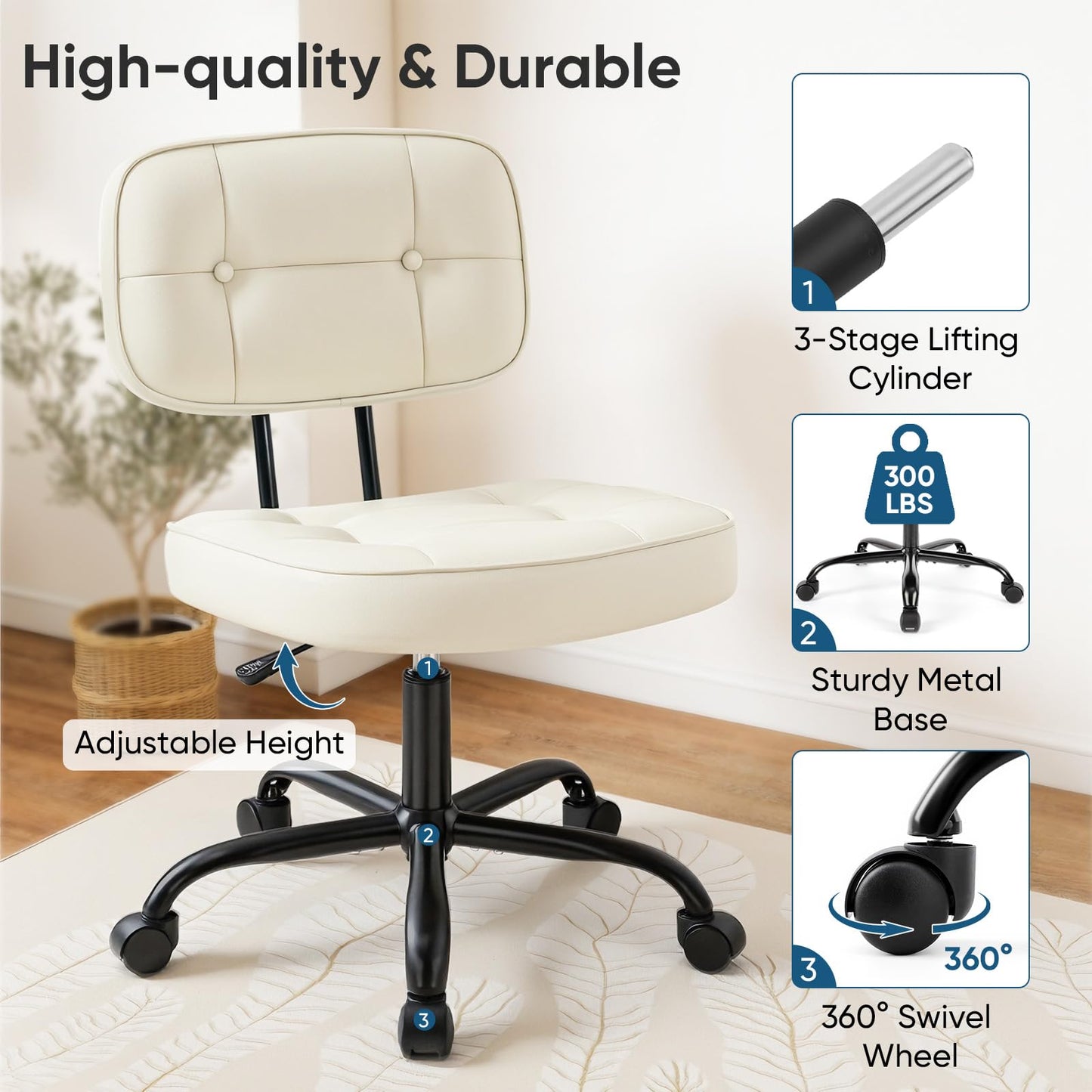 DUMOS Home Office Desk Chair - Ergonomic Armless PU Leather Computer Rolling Task Chair，with Comfy Lumbar Support and Height Adjustable, Vanity, Bedroom, Living Room, Beige
