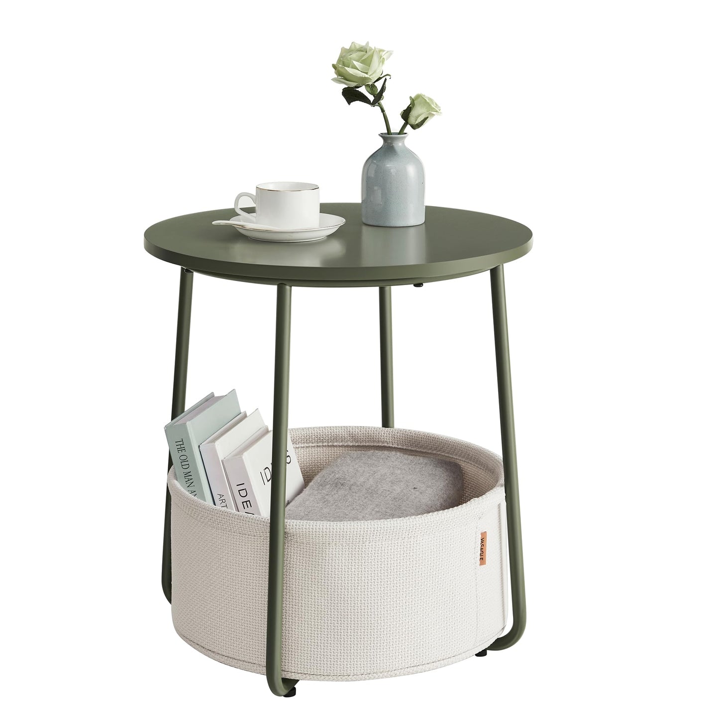 VASAGLE LILEA Collection - Small Round Side End Table, Modern Nightstand with Fabric Basket, Forest Green and Cream White ULET223C80