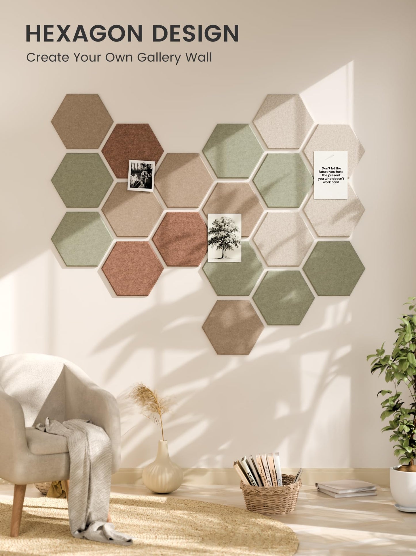 Fluxynara Hexagon Cork Board Alternative for Walls Decor-12-Pack Felt Bulletin Board Tiles,with 30 Pushpins,70 Adhesive Tabs for Office,Classrooms & Home Pin Board Felt Board-Boho