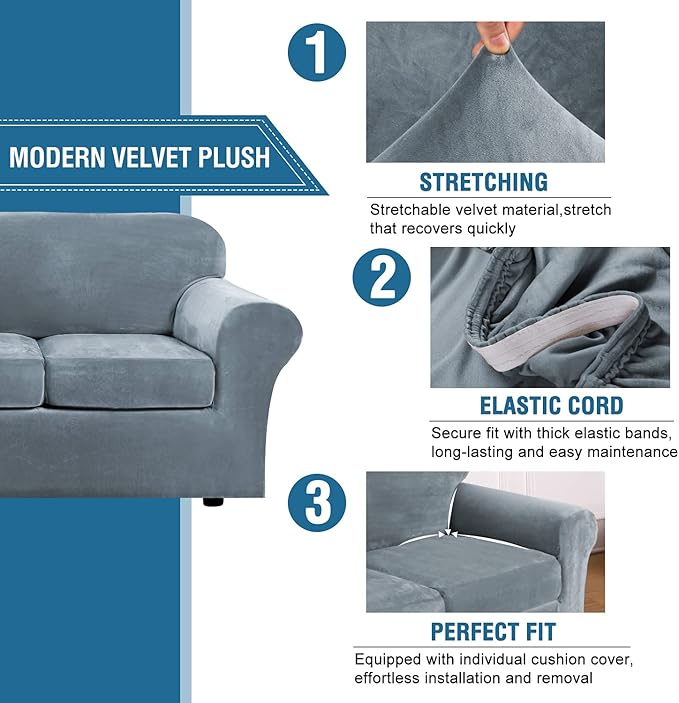 H.VERSAILTEX Velvet 4 Piece High Stretch Sofa Slipcover Cover Furniture