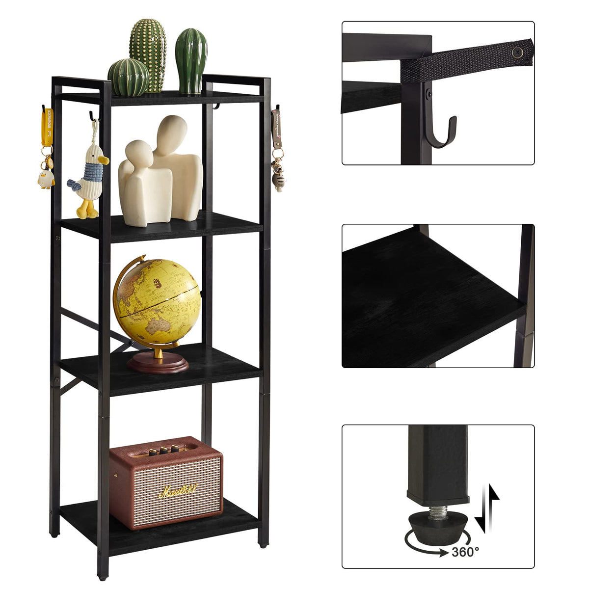 YMYNY Bookcase, 4-Tier Narrow Ladder Bookshelf, Freestanding Shelving Unit, Multifunctional Storage Rack, for Home Office Living Room Bedroom Kitchen, Plant Stand, Black, 44 * 16.9 * 11.4" UHBC004B