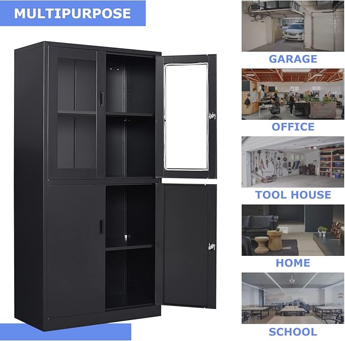 71”H Display Cabinet with Adjustable Shelves, 4 Door Display Cabinets with