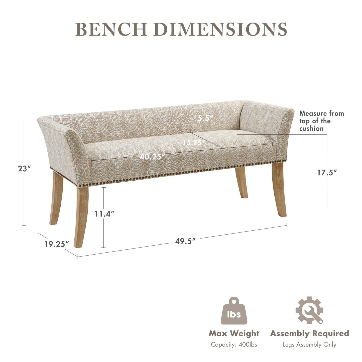 Madison Park Accent Bench for Living Room, Upholstered with Nailhead Trim, & Padded Seat Entryway Bench Small, End of Bed Bench with Back, 49.5" W x 19.25" D x 23" H, Taupe Multi