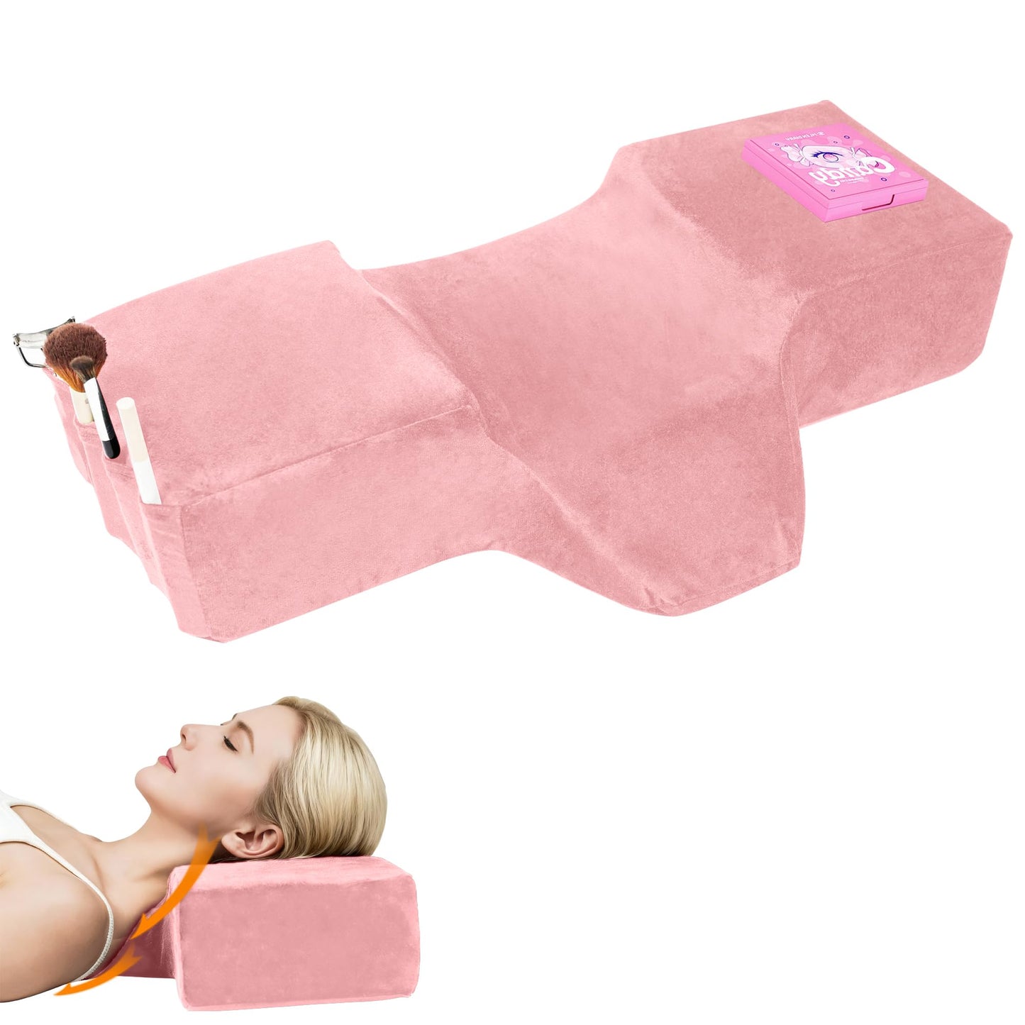 SCFOAMZAI Lash Pillow for Eyelash Extensions - Ergonomic Memory Foam Bed Pillow with Neck & Back Support, Removable Velvet Cover & Side Tool Pockets, Fits Lash Beds for Tech (Pink)