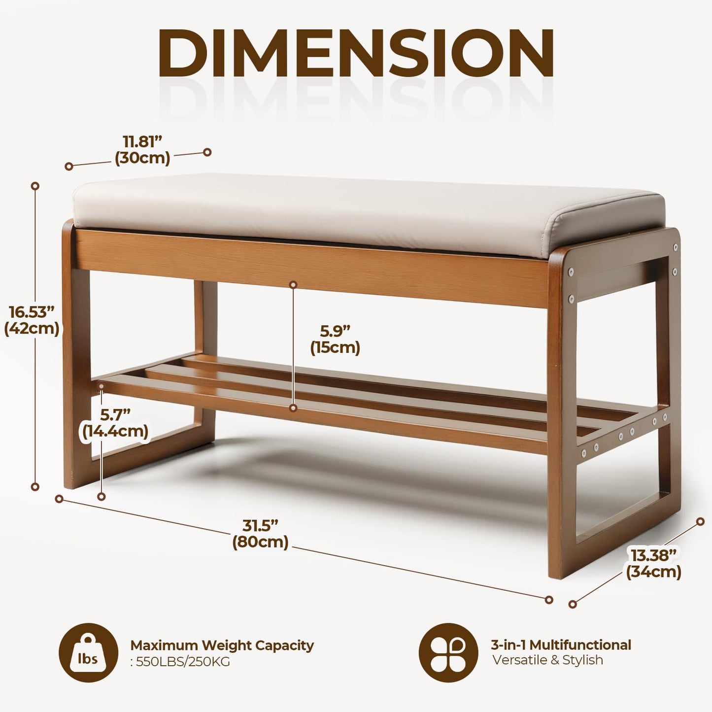 Moutosne Shoe Rack Bench with Cushion, 2-Tier Entryway Bench with Storage for Front Entrance, Hallway Living Room Bedroom (Brown, 31.5")