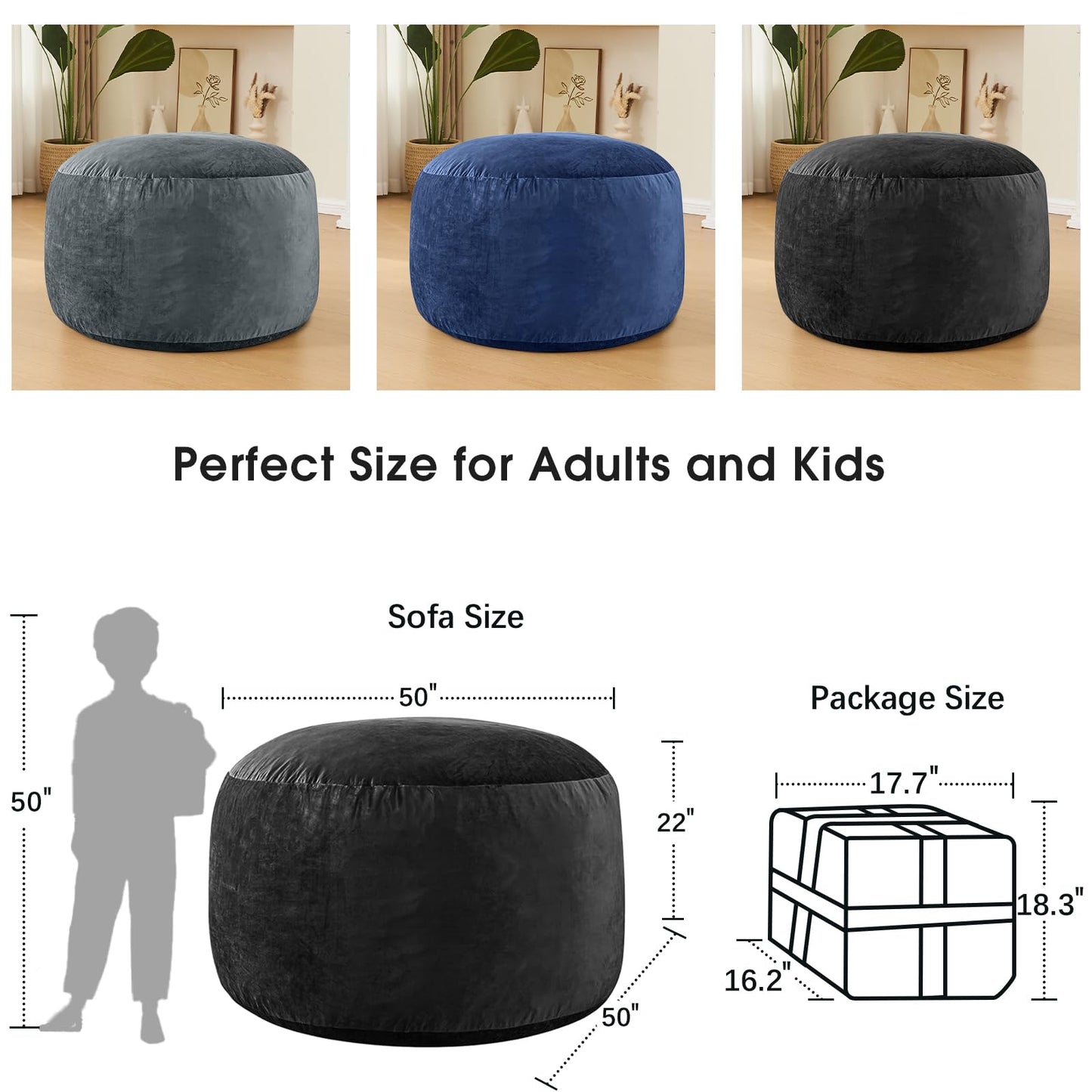 ILPEOD Bean Bag Chairs for Adults - Memory Foam Furniture BeanBag Chair - Kids/Teens Sofa with Soft Micro Fiber Cover - Round Fluffy Couch for Living Room Bedroom College Dorm - 5 ft, Carbon Black