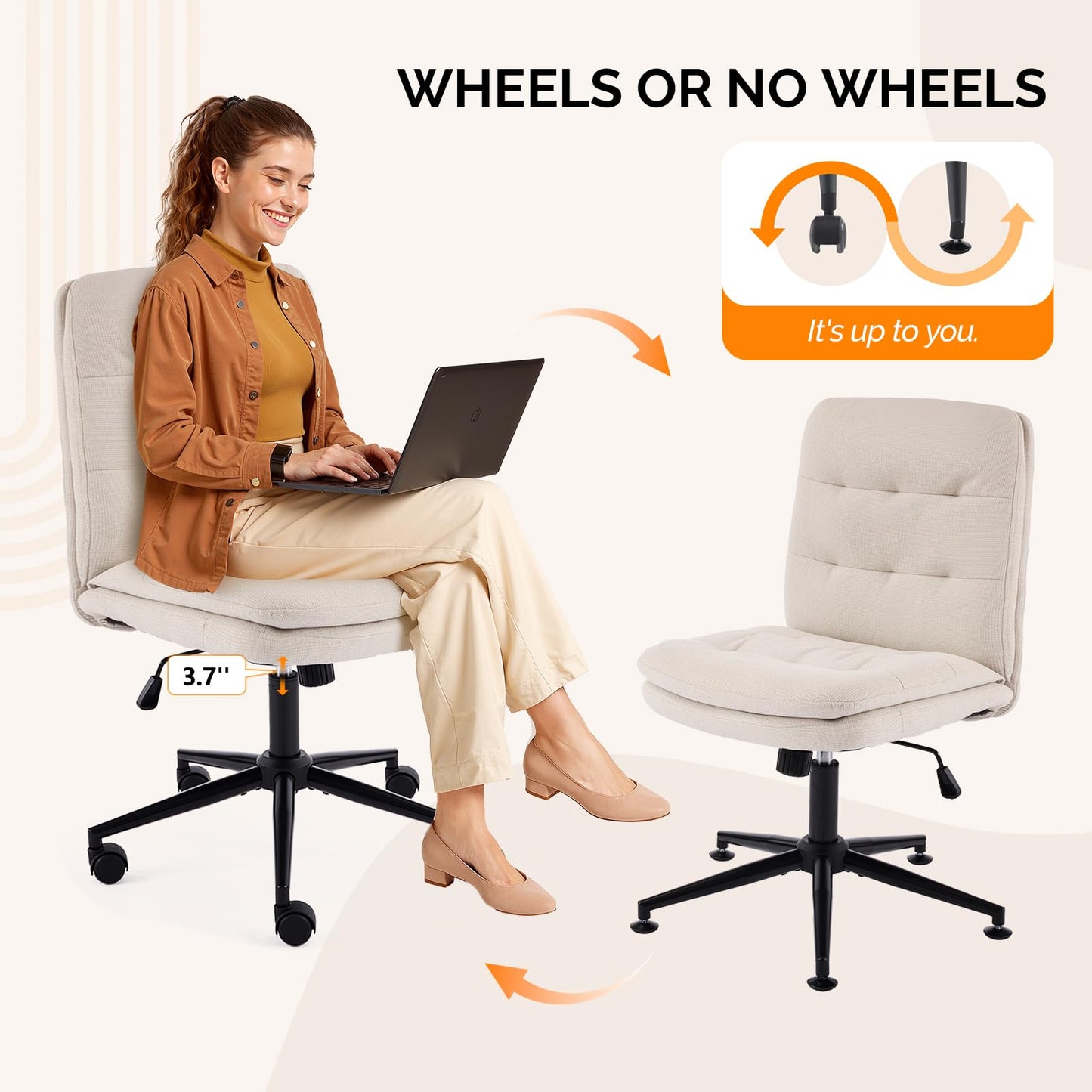 VINGLI Mid Back Armless Office Desk Chair with Wheels/no Wheels,360°Rocking Swivel Vanity Chair with Thickened Cushion,Adjustable Height Rolling for Reading Room, Make up,Linen Beige