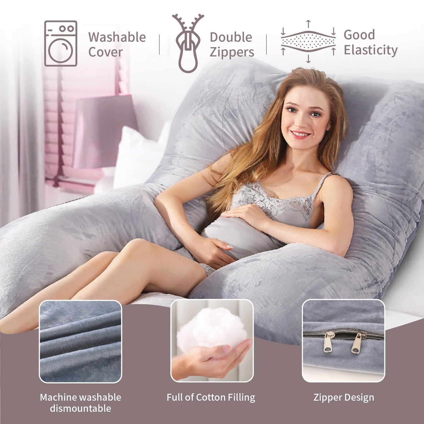 HychYAYA 60 Inch Full Body Pregnancy Pillows for Sleeping Cooling Pregnancy Pillow,U Shaped Pregnancy Body Pillow,Maternity Pillows for Pregnant Women with Removable Washable Velvet Cover.(Grey)