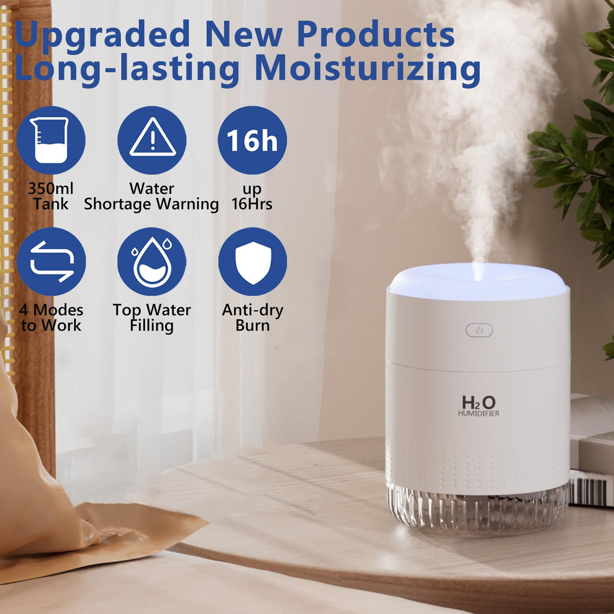 SZO Portable Mini Humidifier, 500ML USB Personal Cool Mist Humidifiers for Bedroom Office Travel Desk, Whisper Quiet 20dB with 2 Mist Modes & Auto Shut-Off, Small Desktop Humidifier (White)