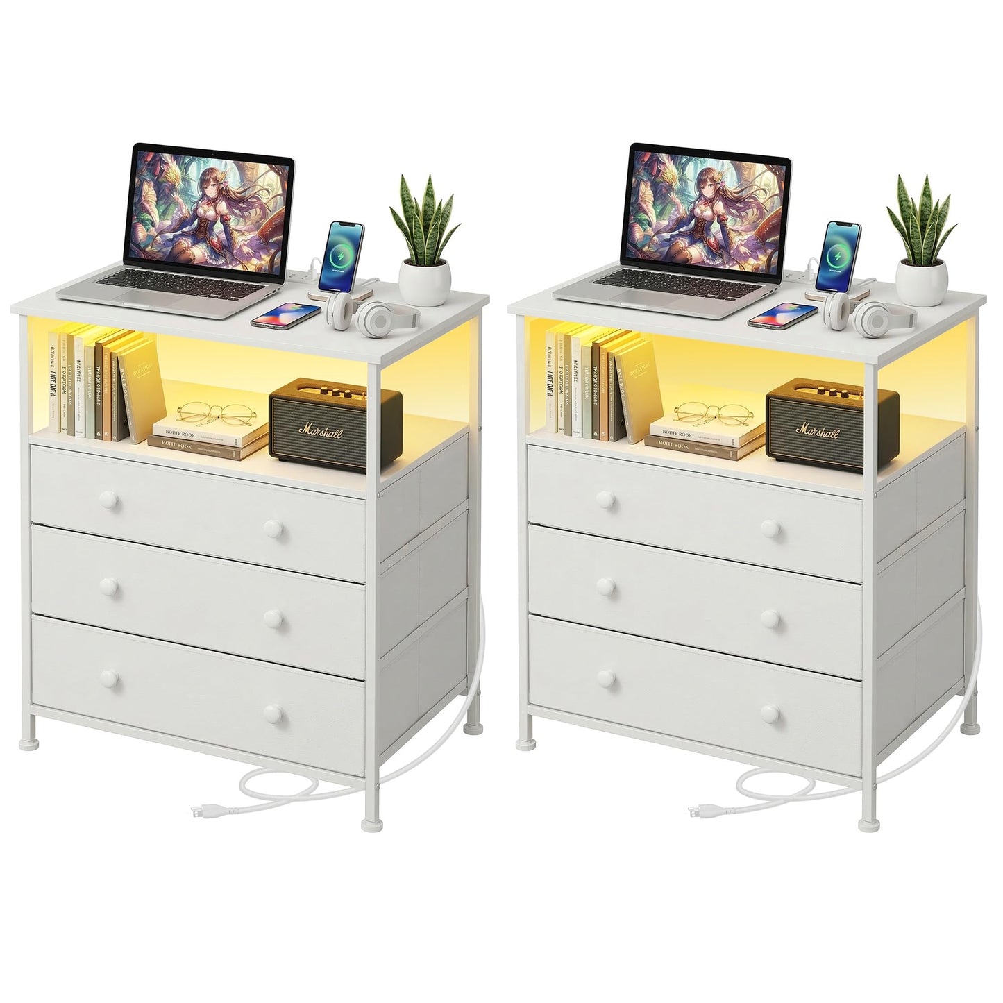 PATAVOT 3 Drawers Dresser with Charging Station, 24 Inch Wide LED Night Stand Set 2 with Adjustable Fabric Drawer, Nightstand with Storage Shelf for Living Room/Bedroom/Office, White.