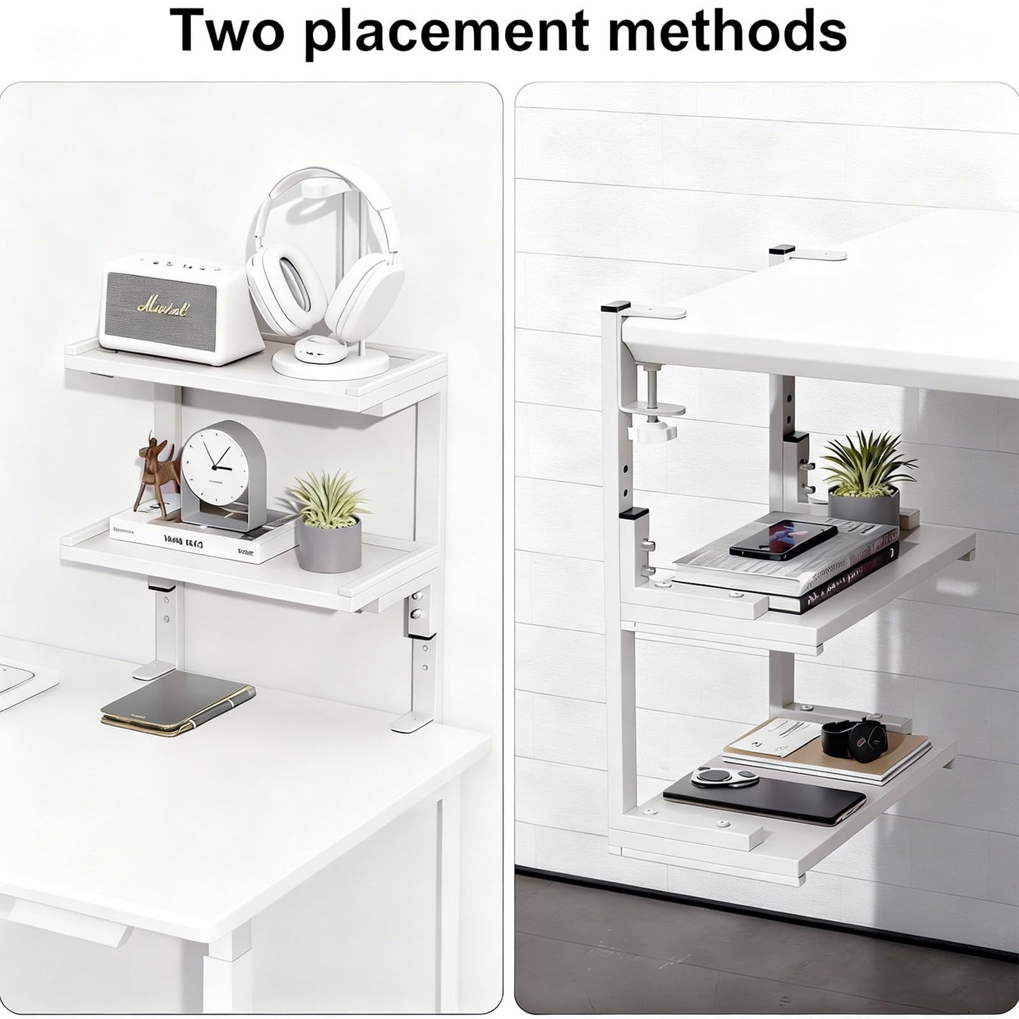 Spacrea clamp on Desk Shelf, 2 Tier Office Desk Shelves Organizer, Wood Desktop Supplies Storage Rack, Desk Organizers and Accessories (White)