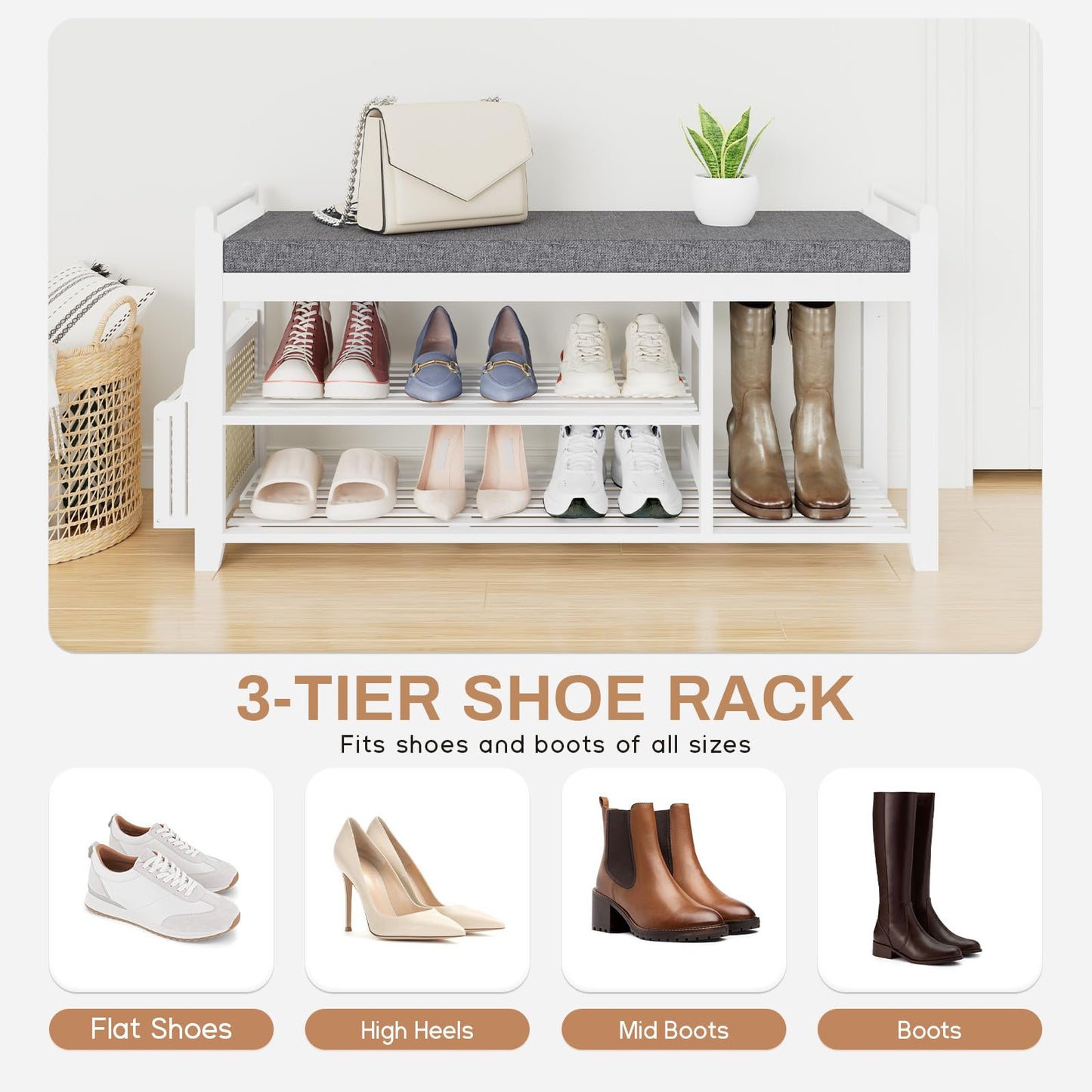 Homaxy 2-Tier Shoe Rack Bench with Side Holder, 39.4 in Bamboo Entryway Bench, Shoe Rack Organizer with Cushion for Front Entrance, Hallway Living Room Bedroom, White and Dark Grey
