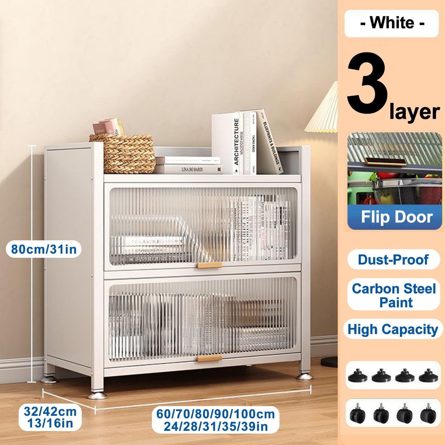 3-Tier Bread Rack & Coffee Station Storage, Transparent Flip Door, Kitchen Hutch Organizer for Home, Office, Pantry & Garage, White 90cm/35in - Multi-Purpose Rack